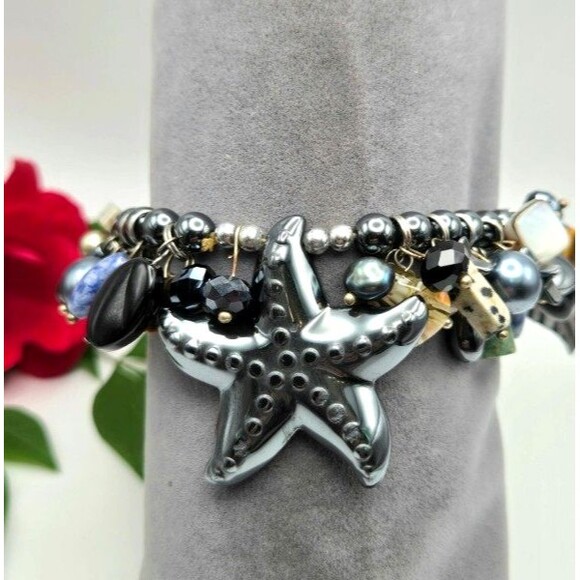 Handmade Stretch Bracelet Turquoise Pearl Shell Jasper Sodalite Millefiori Glass - Picture 5 of 6